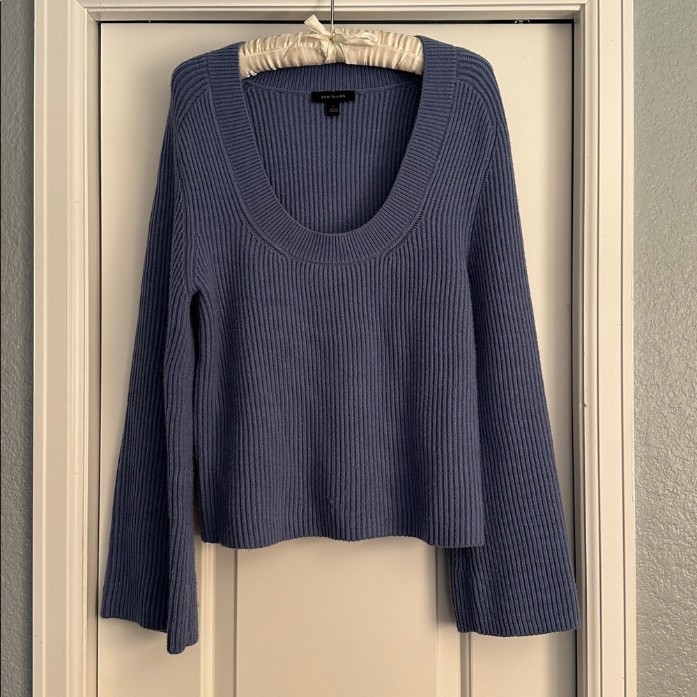 Loft Periwinkle color scoopneck sweater with bell sleeves